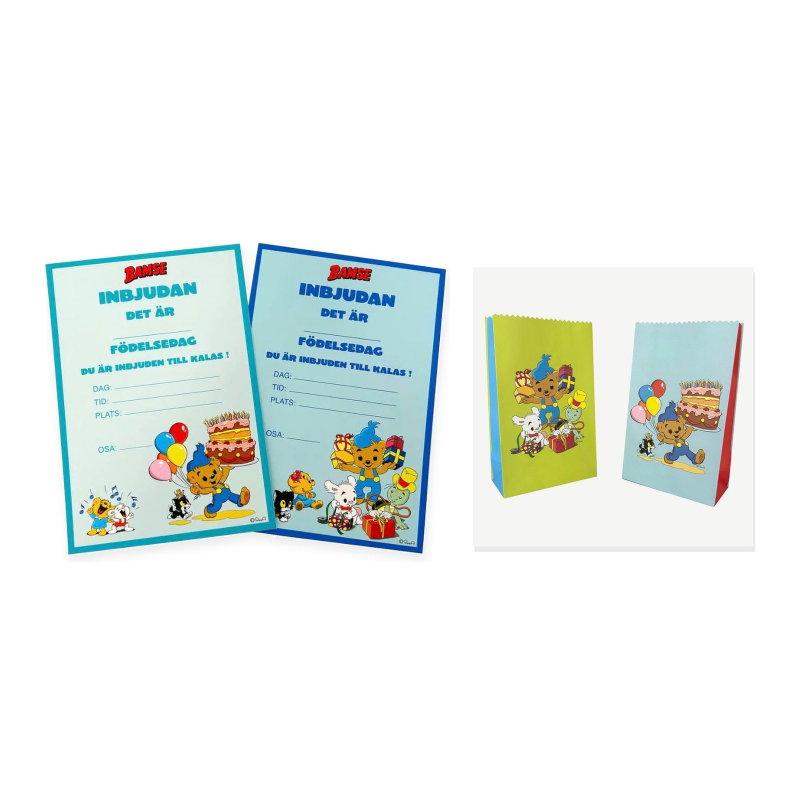 Bamse – inbjudningskort och kalaspåsar – för 8 barn