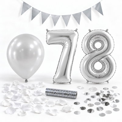 78-års festpaket, Silver, Stor – paketets dekorationer på vit bakgrund