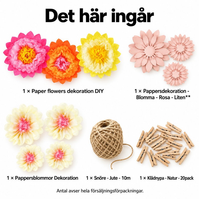 Pappersblomsateljé – vik elva blommor till en gemensam vägg – innehåll och antal försäljningsförpackningar
