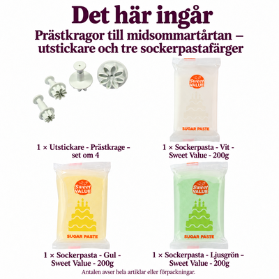 Prästkragor till midsommartårtan – utstickare och tre sockerpastafärger – innehåll och antal