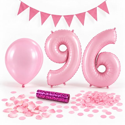 96-års festpaket, Rosa, Stor – paketets dekorationer på vit bakgrund