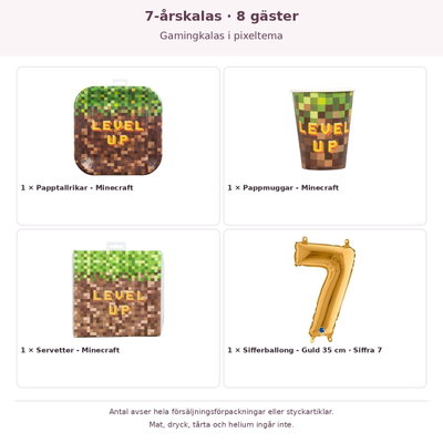 7-årskalas, Gamingkalas i pixeltema, kalaspaket, 8 gäster – innehåll och antal förpackningar
