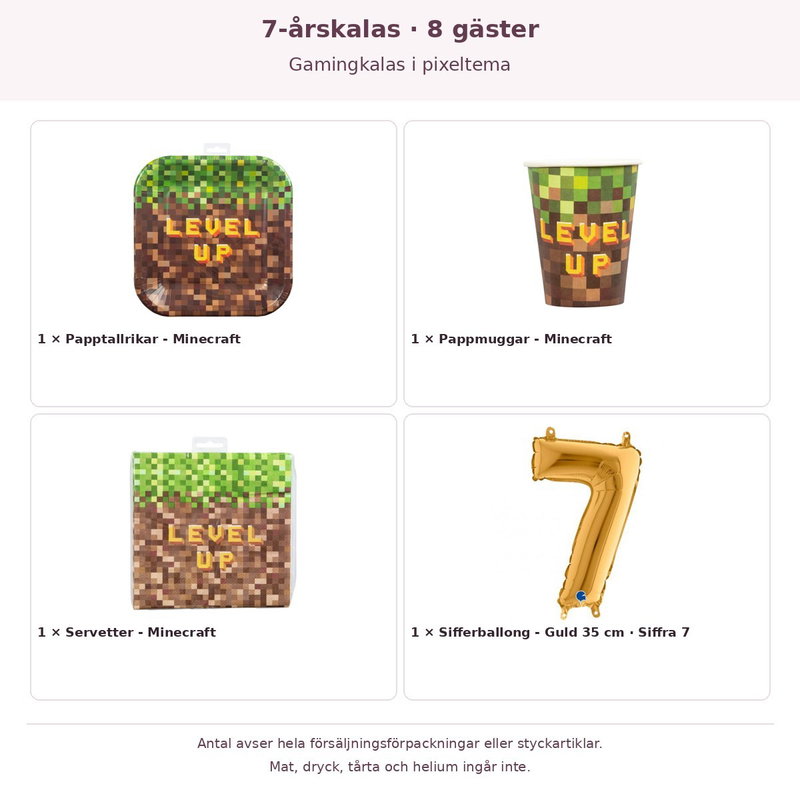 7-årskalas, Gamingkalas i pixeltema, kalaspaket, 8 gäster – innehåll och antal förpackningar