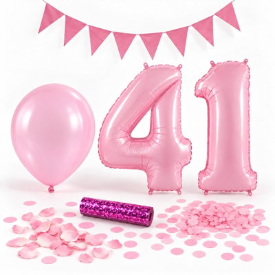 41-års festpaket, Rosa, Stor – paketets dekorationer på vit bakgrund