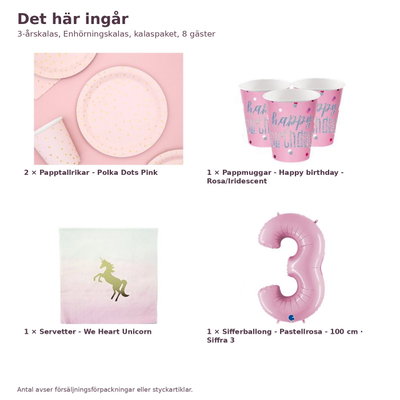3-årskalas, Enhörningskalas, kalaspaket, 8 gäster – innehåll och antal, sifferballong 100 cm