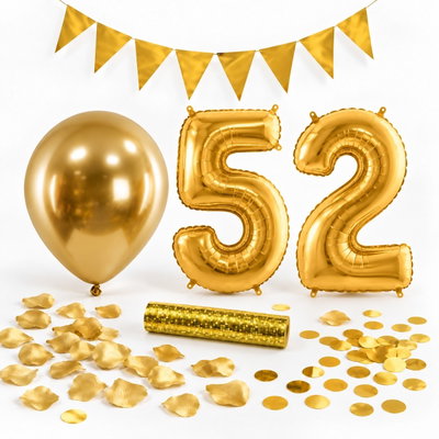 52-års festpaket, Guld, Stor – paketets dekorationer på vit bakgrund