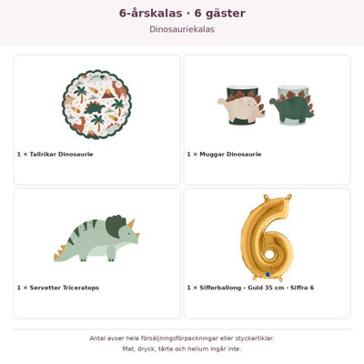 6-årskalas, Dinosauriekalas, kalaspaket, 6 gäster – innehåll och antal förpackningar