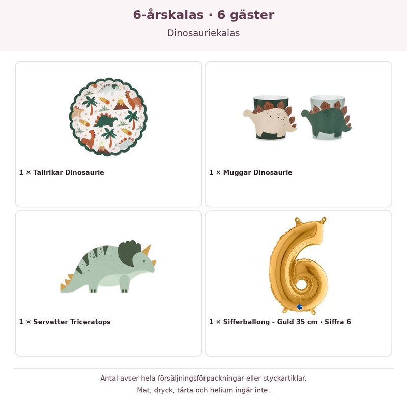 6-årskalas, Dinosauriekalas, kalaspaket, 6 gäster – innehåll och antal förpackningar