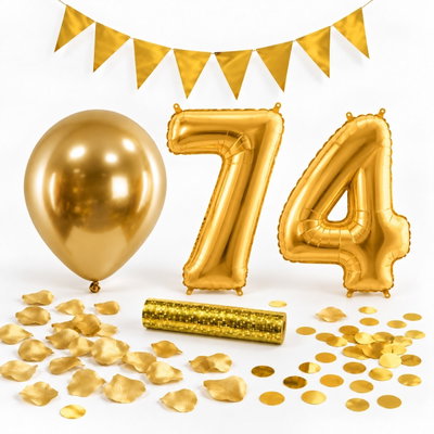 74-års festpaket, Guld, Stor – paketets dekorationer på vit bakgrund