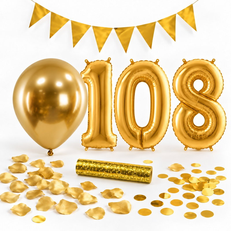 108-års festpaket, Guld, Stor – paketets dekorationer på vit bakgrund