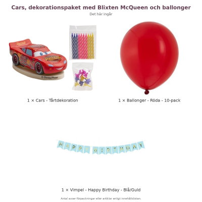 Cars, dekorationspaket med Blixten McQueen och ballonger – innehåll och antal förpackningar