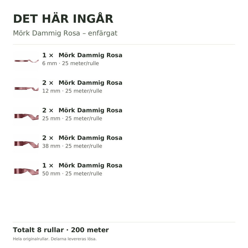 Det här ingår – Satinbandspaket – Mörk Dammig Rosa – 8 rullar