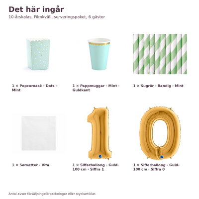 10-årskalas, Filmkväll, serveringspaket, 6 gäster – innehåll och antal, sifferballong 100 cm