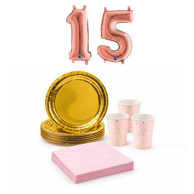 15-årskalas, Rosa och guld, kalaspaket, 6 gäster – sammansatt bild av paketets produkter