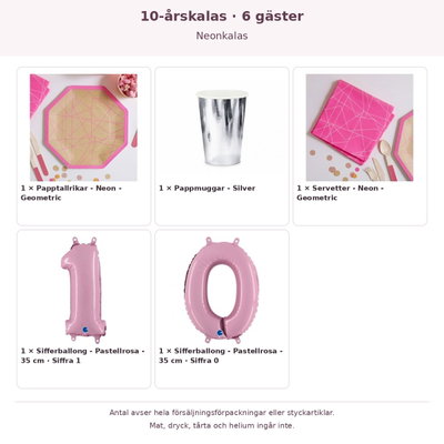 10-årskalas, Neonkalas, kalaspaket, 6 gäster – innehåll och antal förpackningar