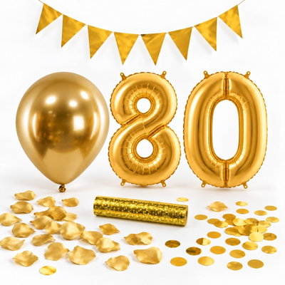 80-års festpaket, Guld, Stor – paketets dekorationer på vit bakgrund