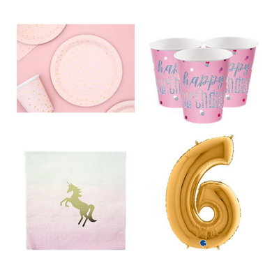 6-årskalas, Enhörningskalas, kalaspaket, 8 gäster – paketets produkter med sifferballong 100 cm