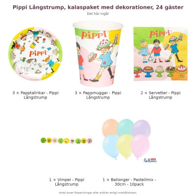 Pippi Långstrump, kalaspaket med dekorationer, 24 gäster – innehåll och antal förpackningar