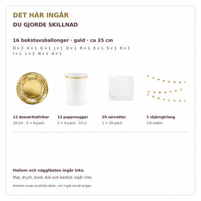 Innehåll och exakta antal – DU GJORDE SKILLNAD, 35 cm bokstäver och dukning för 12
