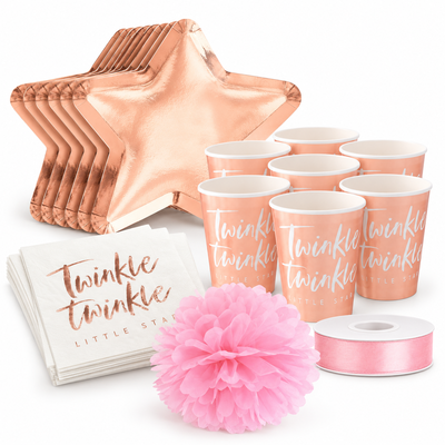 Dop flicka – roséguld och rosa – fikapaket, 6 gäster – samlat paketinnehåll