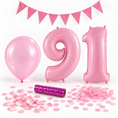 91-års festpaket, Rosa, Stor – paketets dekorationer på vit bakgrund