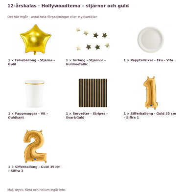12-årskalas, Hollywoodtema – stjärnor och guld, kalaspaket, 6 gäster – innehåll och antal förpackningar