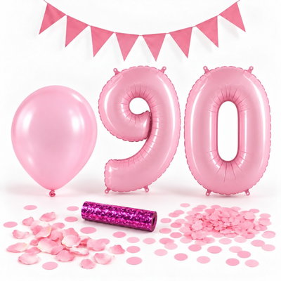 90-års festpaket, Rosa, Stor – paketets dekorationer på vit bakgrund