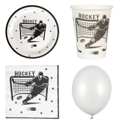 Hockey, kalaspaket med dekorationer, 16 gäster – översikt av ingående produkttyper