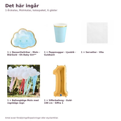 1-årskalas, Molnkalas, kalaspaket, 6 gäster – innehåll och antal, sifferballong 100 cm