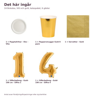 14-årskalas, Vitt och guld, kalaspaket, 6 gäster – innehåll och antal, sifferballong 100 cm