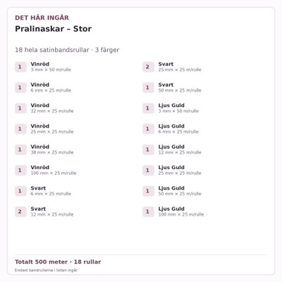 Det här ingår – Satinbandspaket – Pralinaskar – Stor – 18 rullar