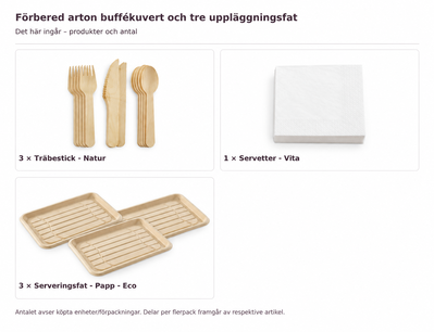 Innehåll och antal: Förbered arton buffékuvert och tre uppläggningsfat