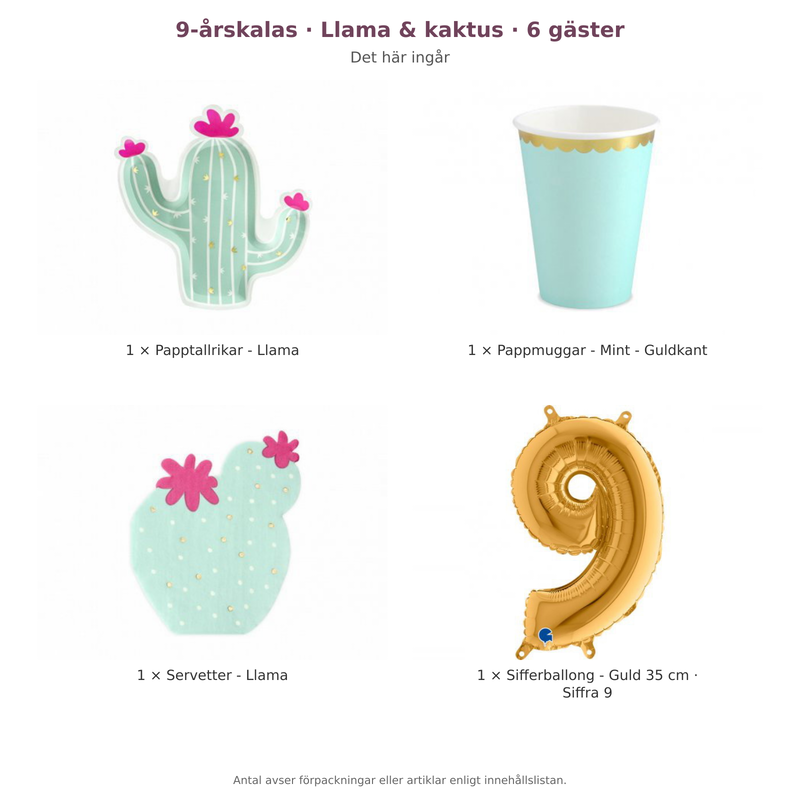 9-årskalas, Llama & kaktus, kalaspaket, 6 gäster – innehåll och antal förpackningar