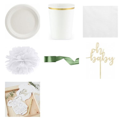 Babyshower – salvia och vitt – dukning och minnen, 12 gäster – paketets produkter