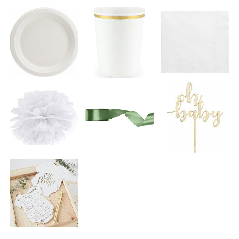 Babyshower – salvia och vitt – dukning och minnen, 12 gäster – paketets produkter