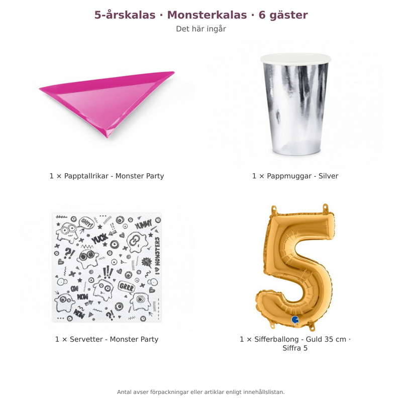 5-årskalas, Monsterkalas, kalaspaket, 6 gäster – innehåll och antal förpackningar