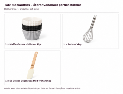 Innehåll och antal: Tolv matmuffins – återanvändbara portionsformar