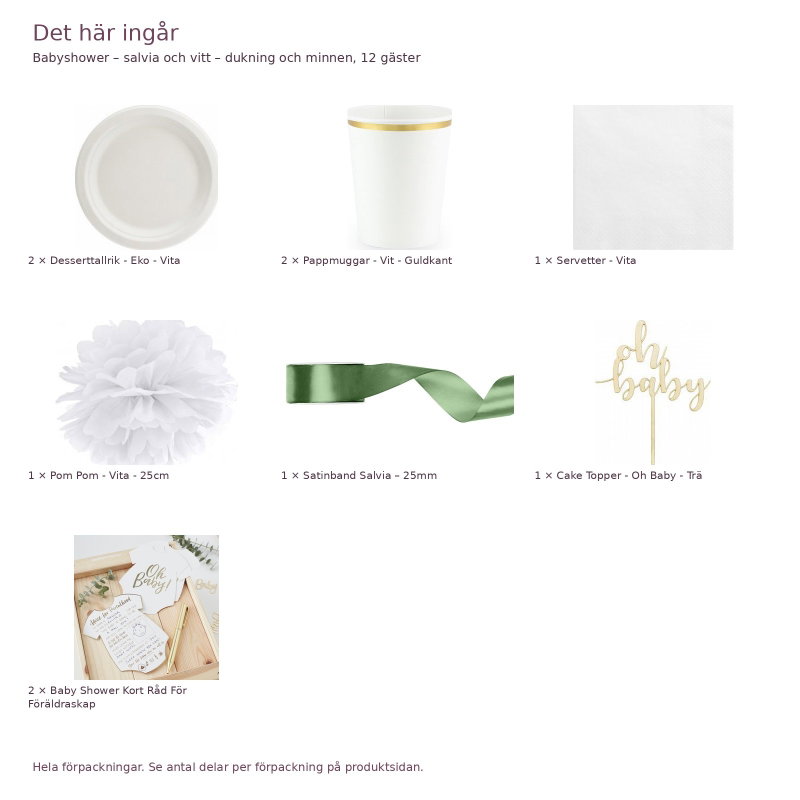 Babyshower – salvia och vitt – dukning och minnen, 12 gäster – innehåll och antal förpackningar