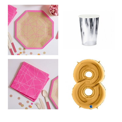 8-årskalas, Neonkalas, kalaspaket, 6 gäster – paketets produkter med sifferballong 100 cm