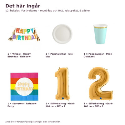 12-årskalas, Festivaltema – regnbåge och fest, kalaspaket, 6 gäster – innehåll och antal, sifferballong 100 cm