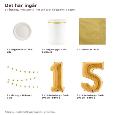 15-årskalas, Middagsfest – vitt och guld, kalaspaket, 6 gäster – innehåll och antal, sifferballong 100 cm