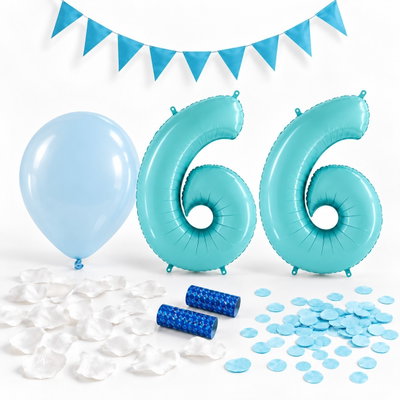 66-års festpaket, Blått, Stor – paketets dekorationer på vit bakgrund
