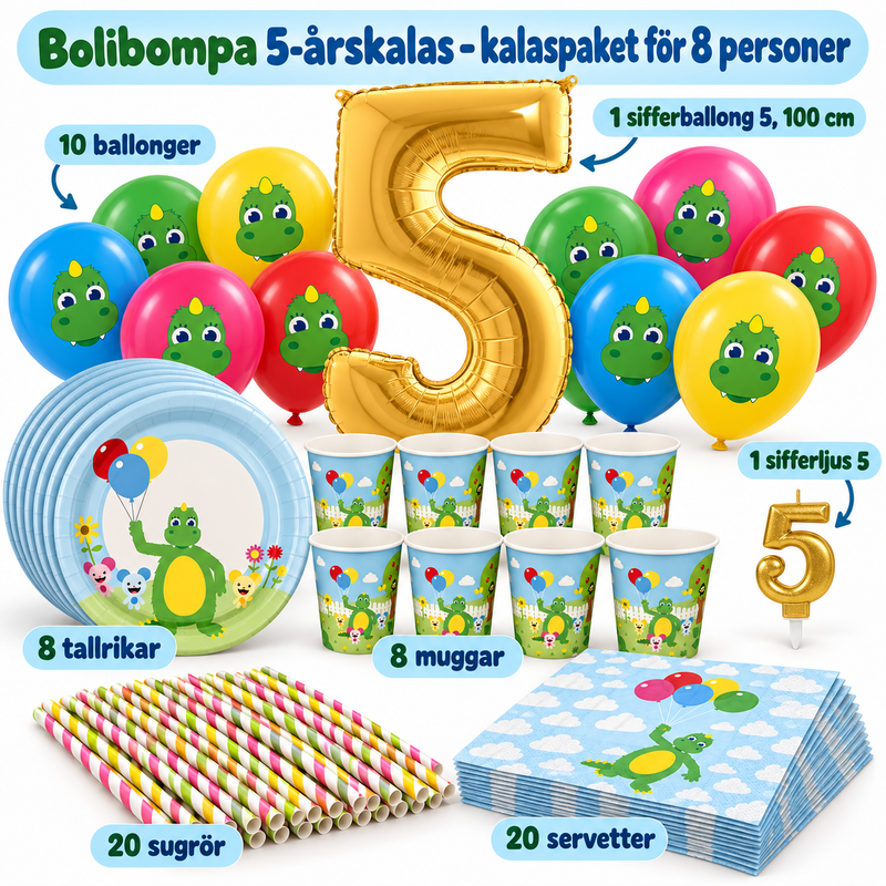 Bolibompa 5-årskalas – kalaspaket för 8 personer – paketets innehåll och antal