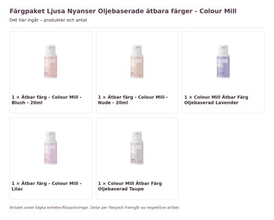 Färgpaket Ljusa Nyanser Oljebaserade ätbara färger - Colour Mill – innehåll och antal förpackningar