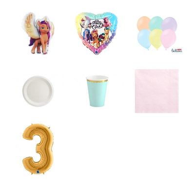 3-årskalas, My Little Pony, kalaspaket, 6 gäster – paketets produkter med sifferballong 100 cm