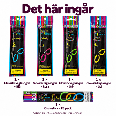 Mellopubliken – fyra glowsticksglasögon och lysande armband – innehåll och antal