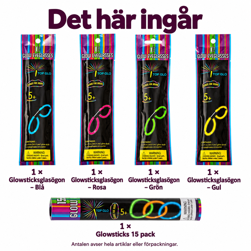 Mellopubliken – fyra glowsticksglasögon och lysande armband – innehåll och antal