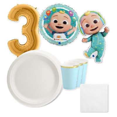 CoComelon – 3-årskalas – dukning och ballong för 18 gäster – paketets samlade innehåll