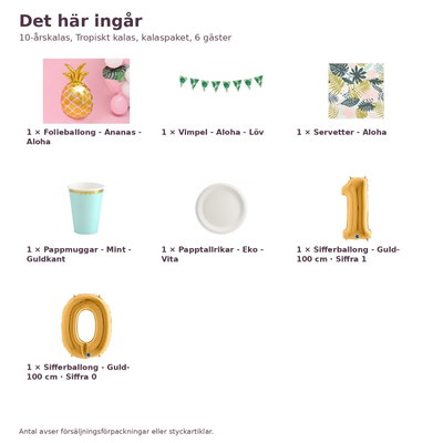 10-årskalas, Tropiskt kalas, kalaspaket, 6 gäster – innehåll och antal, sifferballong 100 cm