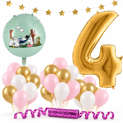 Mumin 4 år – dekorationspaket Rosa – paketets produkter